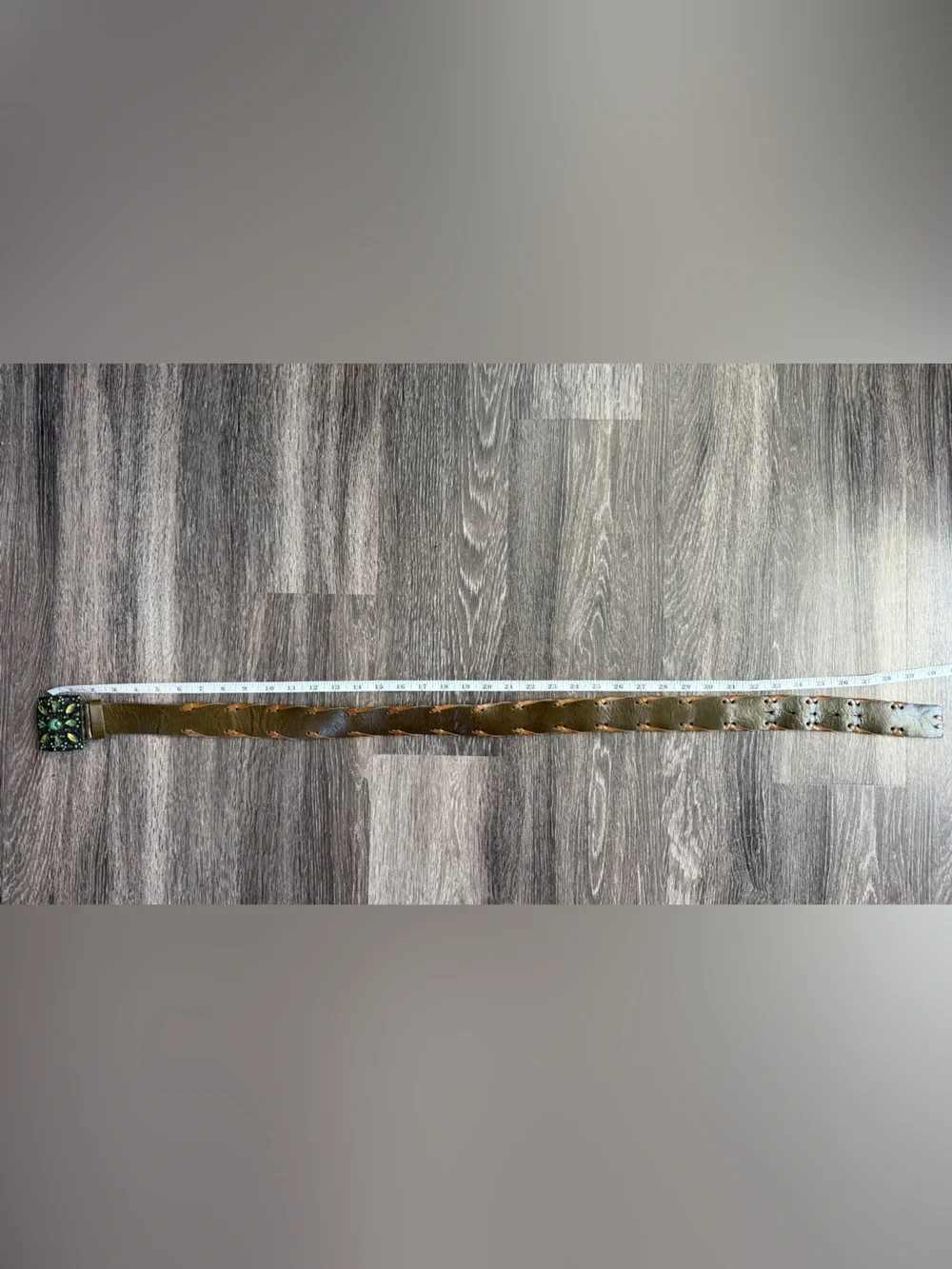 Brown Wide Boho Belt Green Jeweled Statement Buckle 33-36”